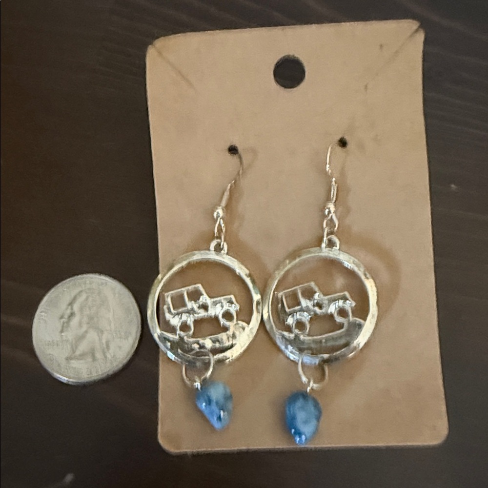 Jeep Silver Earrings with Blue Teardrop Accents
